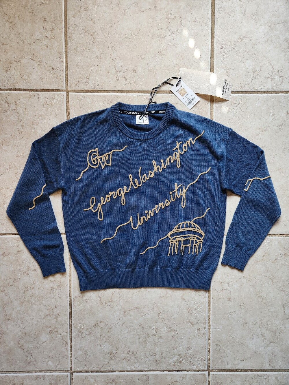 NWT KADYLUXE Love Letter Sweater George Washington University Medium Blue Knit